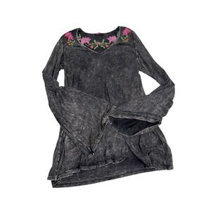 T-Party Vintage Y2K Whimsigoth Mineral Wash Floral Embroidered Bell Sleeve Tunic
